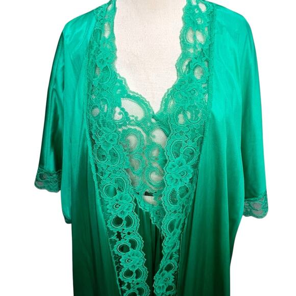 Vintage Lady Romance Nightgown Set Womens 3X Green Satin Lace Trim Feminine - Picture 3 of 16